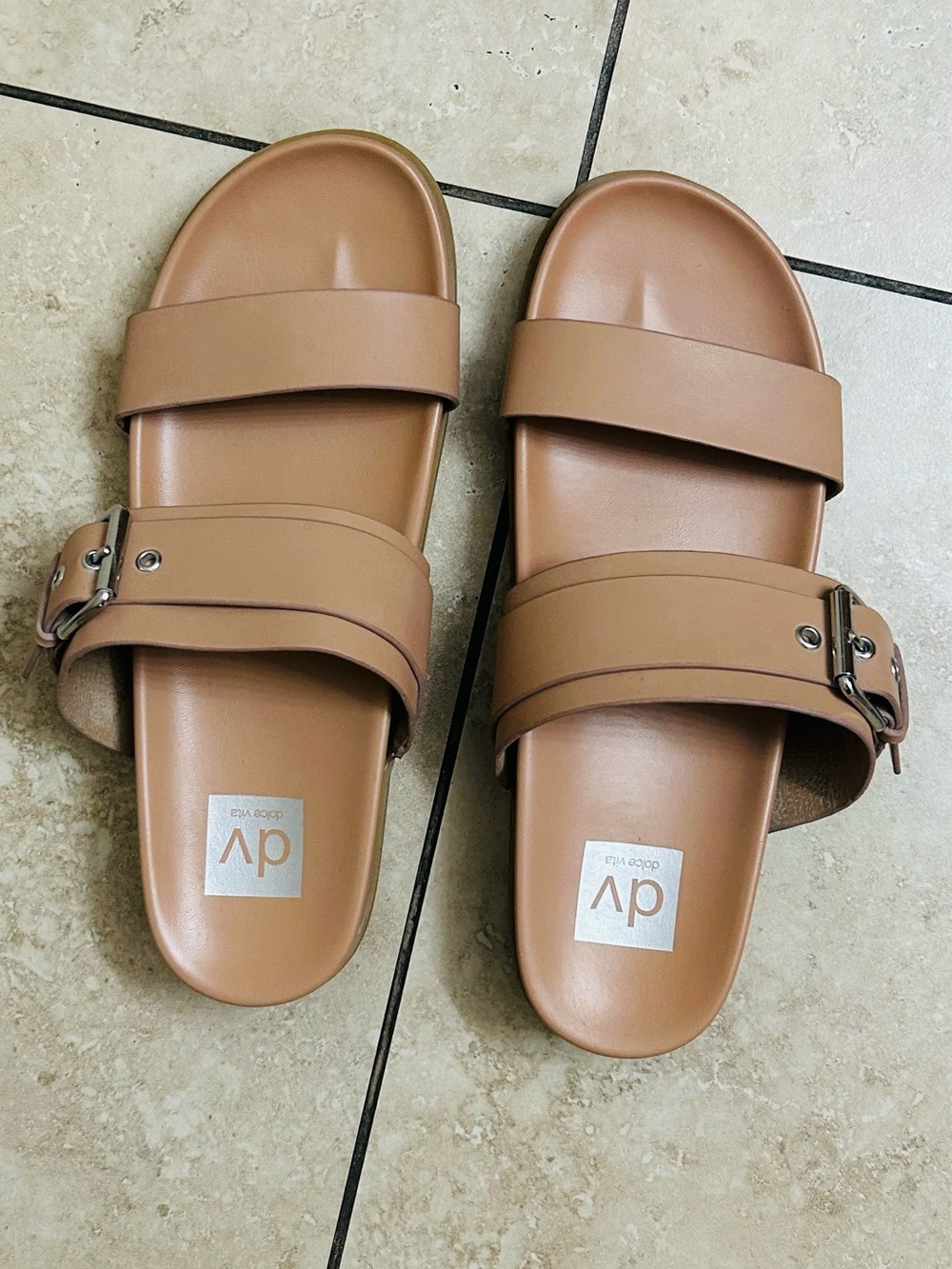 DV by Dolce Vita Tan Double-Strap Slide Sandals with Buckle